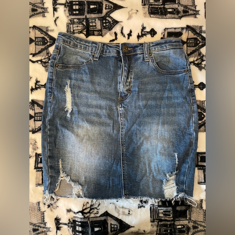 Blue Distressed Pencil Skirt